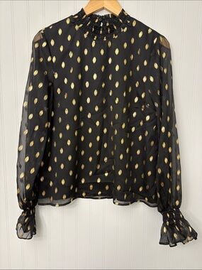 Pomander Place Long Sleeve Metallic Polka Dot High Neck Blouse Women Size Small